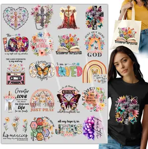 20PCS Christian DTF Heat Transfer Designs – Faith Floral Jesus Cross Iron-On Transfers for T-Shirts, Bags, Pillows, Hoodies, Religious Ready to Press Heat Transfers for Fabric
