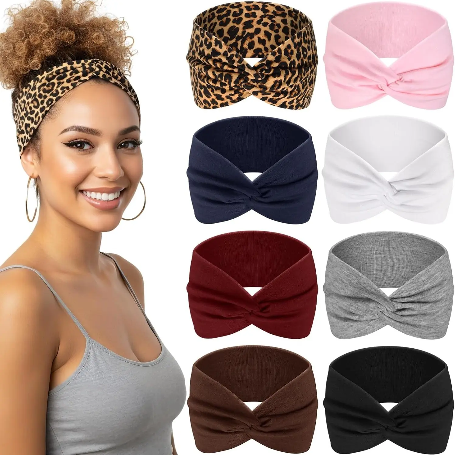 8pcs women's leopard print solid color headband combination, bohemian multi-color retro headpiece, Boho headband, fashionable elastic sports hair accessory, for running, yoga, and attending parties. Elastic Headbands