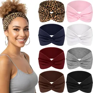 8pcs women's leopard print solid color headband combination, bohemian multi-color retro headpiece, fashionable elastic sports hair accessory, for running, yoga, and attending parties.