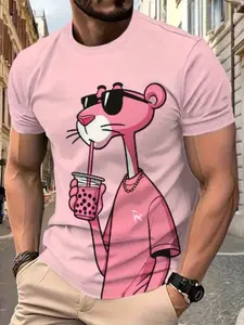 Men's Short Sleeve T-Shirt Streetwear Fitted with Fun Cartoon Panther Geometric Graphic Print, Breathable Fabric and Stretchy Crew Neck Design for All Seasons, Ideal for Sports Travel Outdoor Activities and Everyday Wear