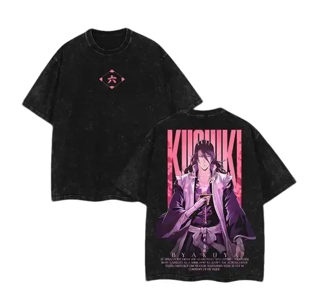 Bleach Byakuya Kuchiki 6th Division Double‑Print Vintage Washed T‑Shirt, Anime OOTD show Retro Anime Oversized Graphic Tee, Retro Streetwear Pure Cotton Casual Top, Unisex Short Sleeve Apparel for Men Women Anime Fans