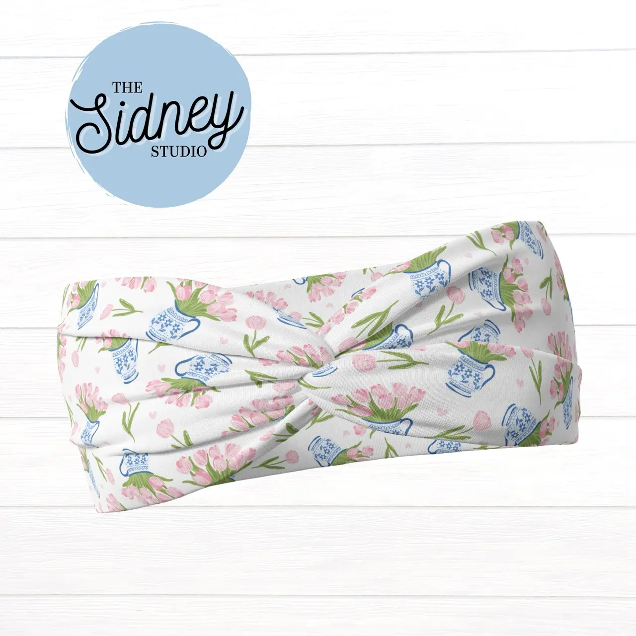 The Sidney Studio Tulip Chinoiserie Wide Twist Headband for Nurses Teachers and Moms Buttery Soft Ultra Stretchy Jersey Knit One Size Fits Most