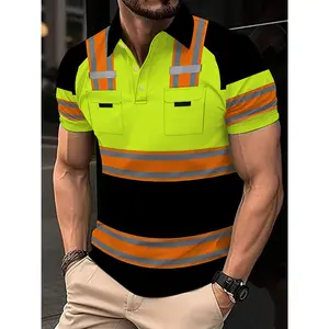 Men'S Casual Short Sleeve Shirt with Reflective Stripes - Black & Yellow, Casual Style, Single-Breasted, Stretchy Fabric, Perfect for Spring/Summer, Casual Attire | Reflective Shirt | Stretchy Fabric