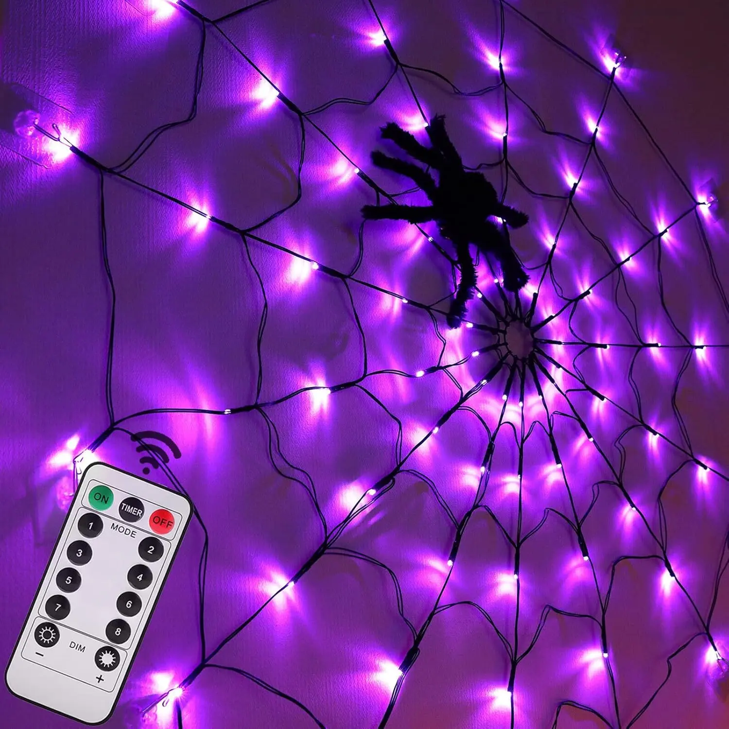 Halloween Spider Web Lights, 72/96 LED Spiders, Waterproof Net Light with Remote Control, 8 Modes, Indoor Outdoor Decoration