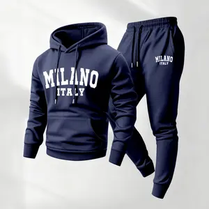 Men's Milano Print Hoodie and Drawstring Sweatpants Set, Menswear, Casual Athletic Long Sleeve Hooded Jacket & Trousers for Fall & Winter, Men's Clothing for Daily Wear, Sportswear Indoor Outdoor, Tracksuit, Athleisure Summer Clothes