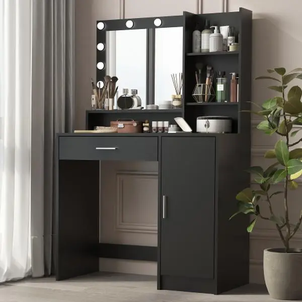 Bellemave Vanity Desk with Mirror & Light, Large Drawer Three Level Storage Dresser, 3 Lighting Modes Adjustable Brightness, Bedroom Dressing Table