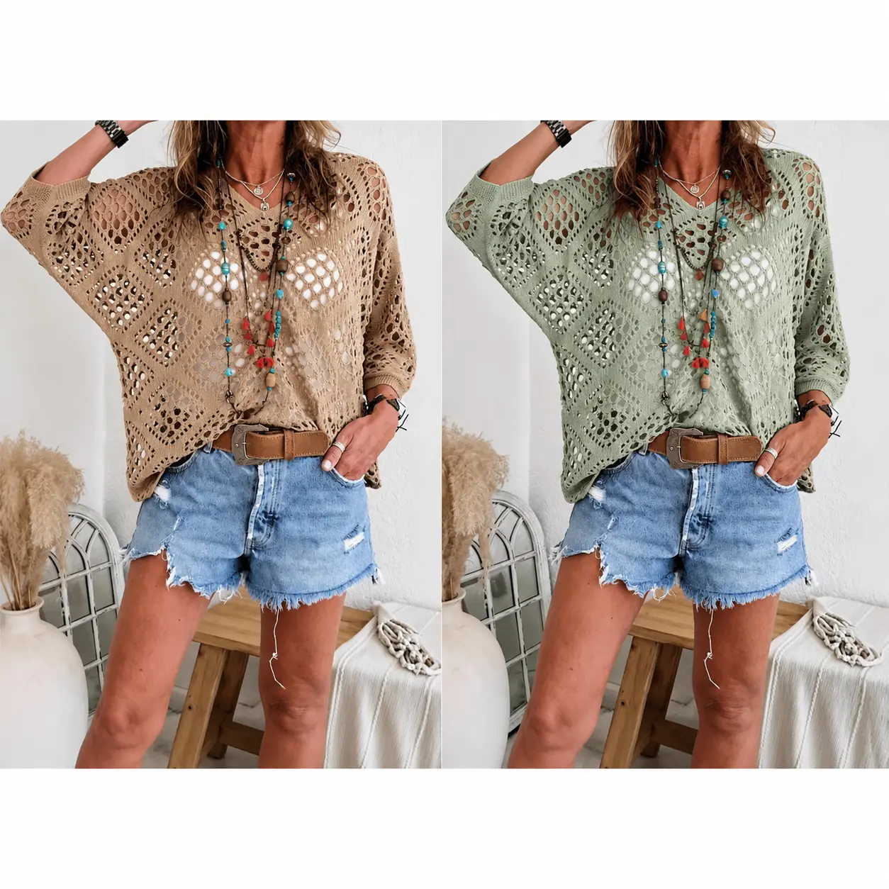 DC DUMPECCI Crochet Top for Lady, Bohemian V-Neck Hollow Out Casual Knit Pullover, Summer Beach Girl Aesthetic & OOTD Ideas, Casual Knit Top, Shirts, Basics, Lightweight, Cottagecore Style, Knitwear, Breathable Fabric, Holiday, Chic, Party, Office Ootd, D