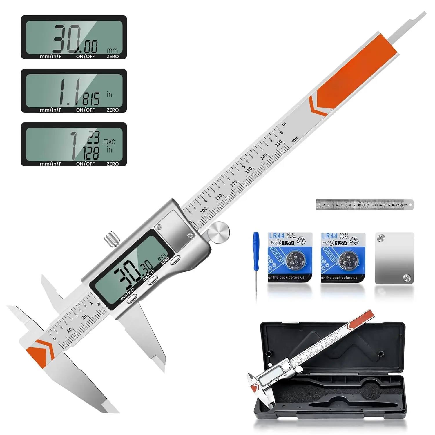 2-Pack Stainless Steel Digital Caliper Micrometers, 6-in Precision Hand Measuring Tool with Large LCD, 4-in-1 Design, Inches/mm/Fraction Conversion, 5-Min Auto-Off, Backup Covers for Household DIY Tasks, Calipers
