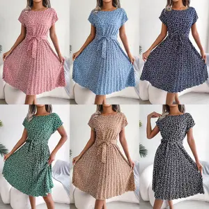 Women's Ditsy Floral Belted Pleated A-Line Vintage Sundresses for Summer Bohemian Round Neck Midi Milkmaid Dress Birthday Beach Vacation Holiday Wear 2025 Fashion Trend