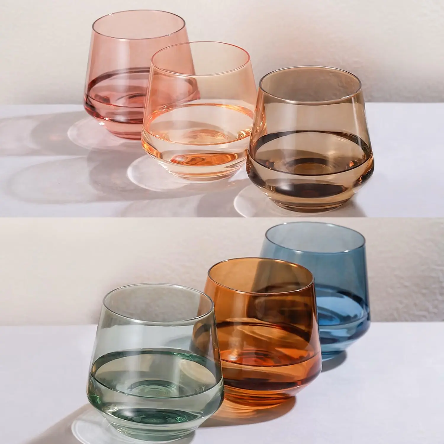10oz Hand Blown Colored Stemless Wine Glasses Set of 6 - Premium Drinking Glasses, High Transparency Beverage Cups, Smooth Handle, Unique Texture, Durable Customizable Kitchenware for Adults, Dishwasher Safe, Fun and Challenges Ready