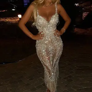 Lady deep V strapless tight sequin dress chic tassel hip wrap club dress summer sexy sleepveless slim solid evening dress Vestido
