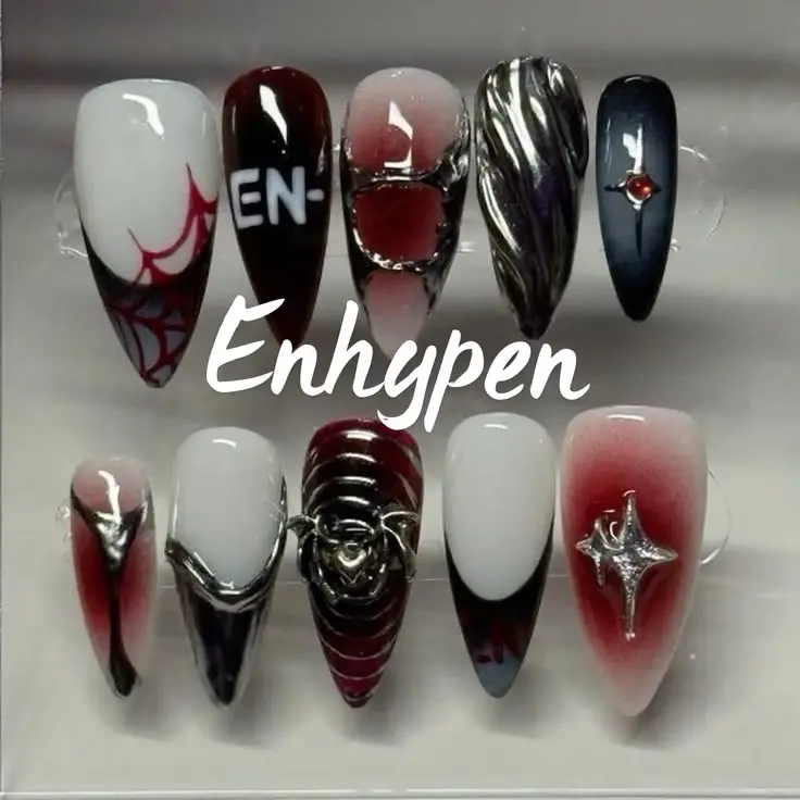 Kpop Vampire Inspired Press On sENHYPENed Nails Handmade Gothic Red Black Chrome Spider Stiletto Reusable Gel Nail Set with Nail Kit | Free Adhesive Tabs Nail File & Cuticle Stick