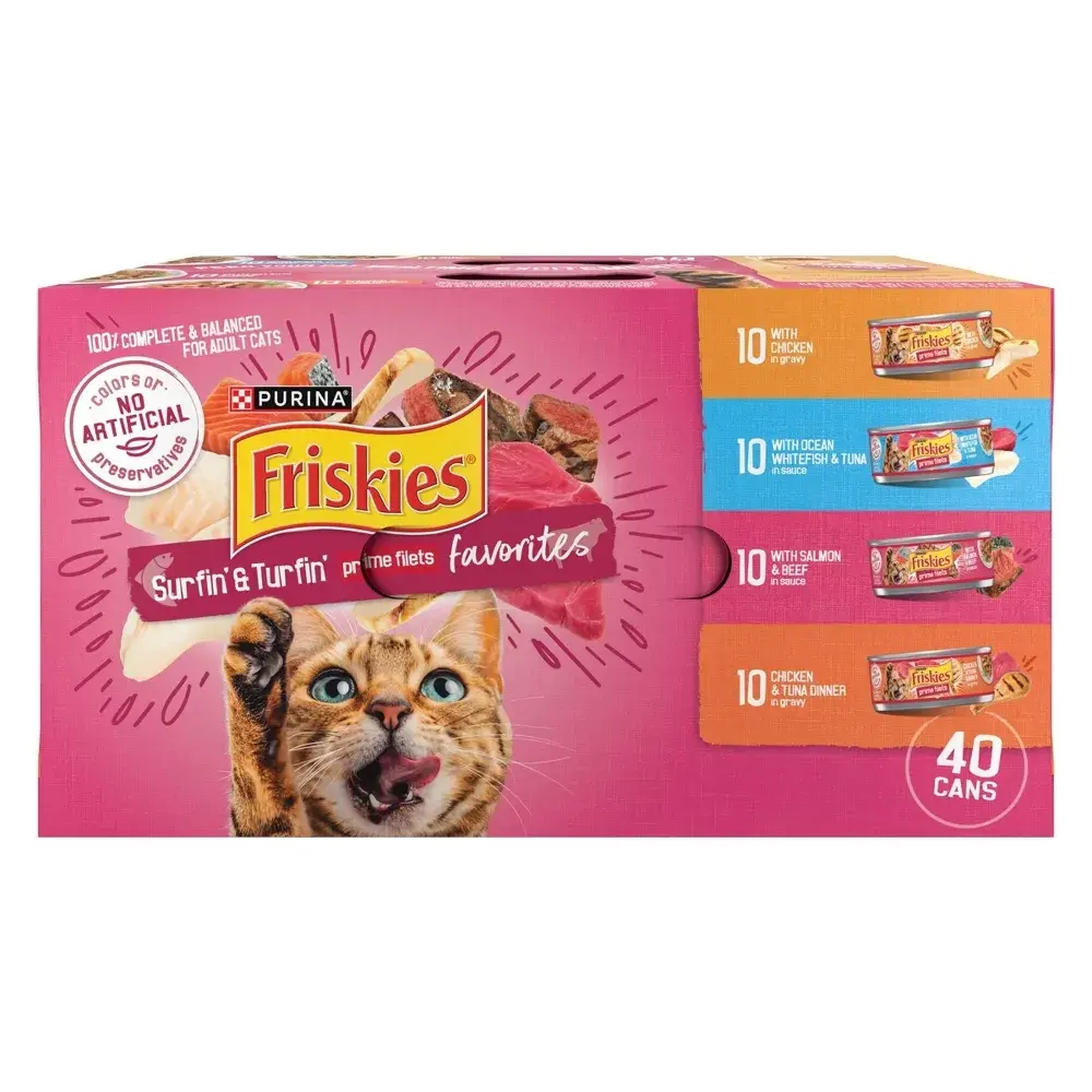 Purina Friskies Gravy Wet Cat Food Variety Pack, Surfin’ and Turfin’ Prime Filets Favorites - (Pack of 40) 5.5 oz. Cans