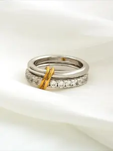 Elegant Double-layer Copper Ring with Gold Plating & Cubic Zirconia, Fashion Accessories for Women & Men, Perfect Gift for Friends, Banquet Accessory, Cubic Zirconia Rings, Double Layered Ring, Stacking Rings