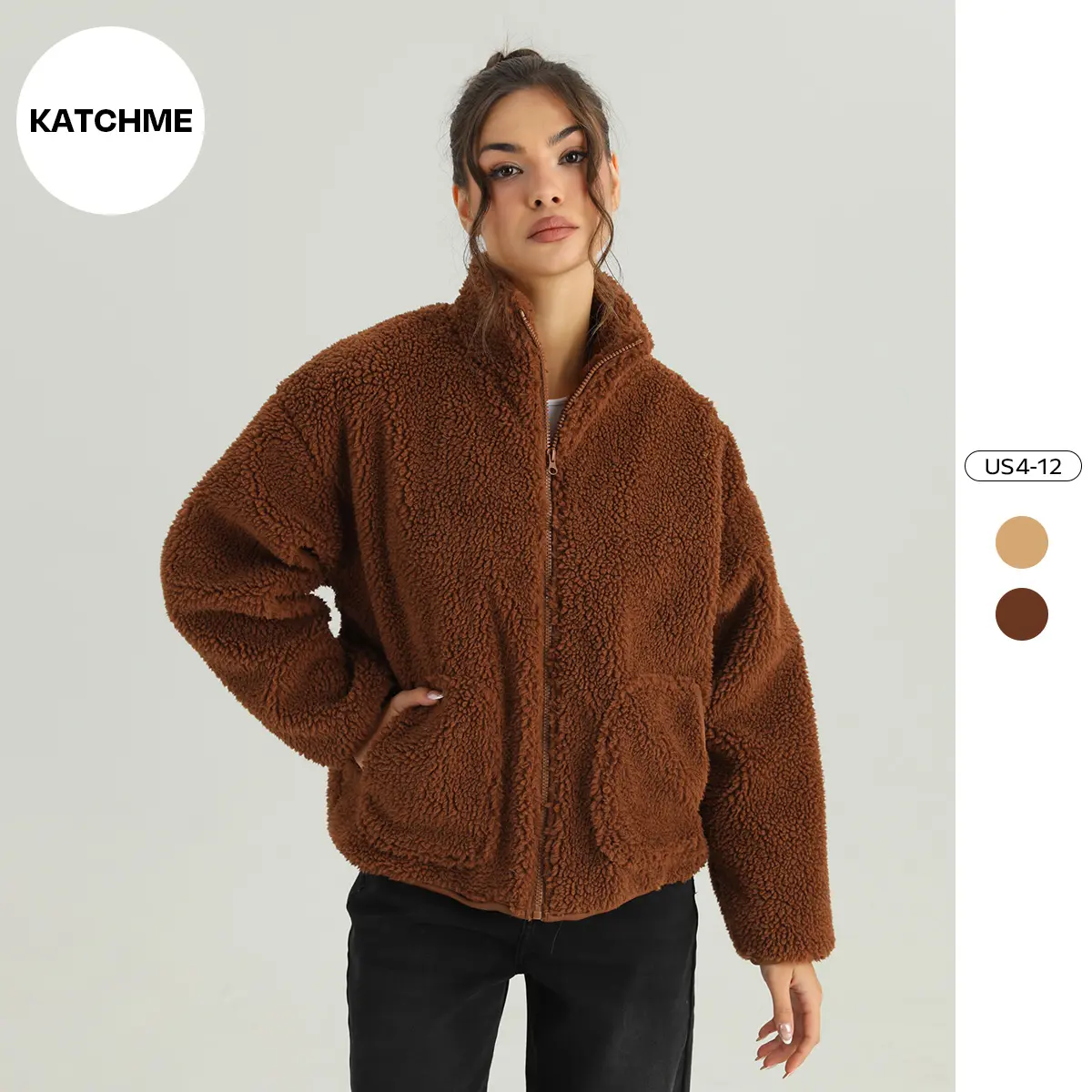 KatchMe Women's Cozy Solid Color Faux Fur Fleece Zipper Long Sleeve Outerwear, Fall & Winter Basic Fluffy Side Pocket Jacket, Comfort Womenswear
