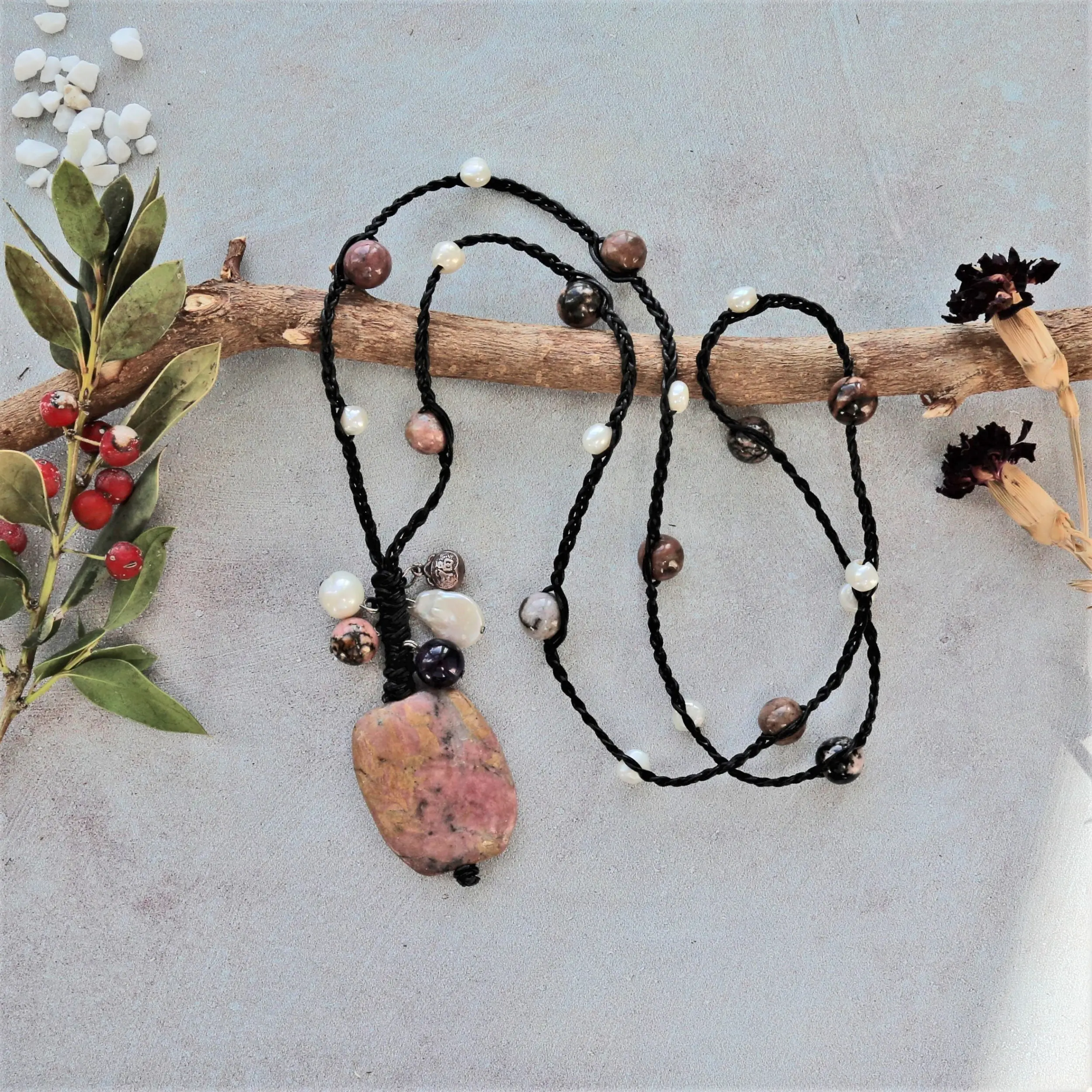 Rhodonite Pendant Necklace.  Beaded Multi-stone Necklace.  Gemstone and Leather Long Necklace.