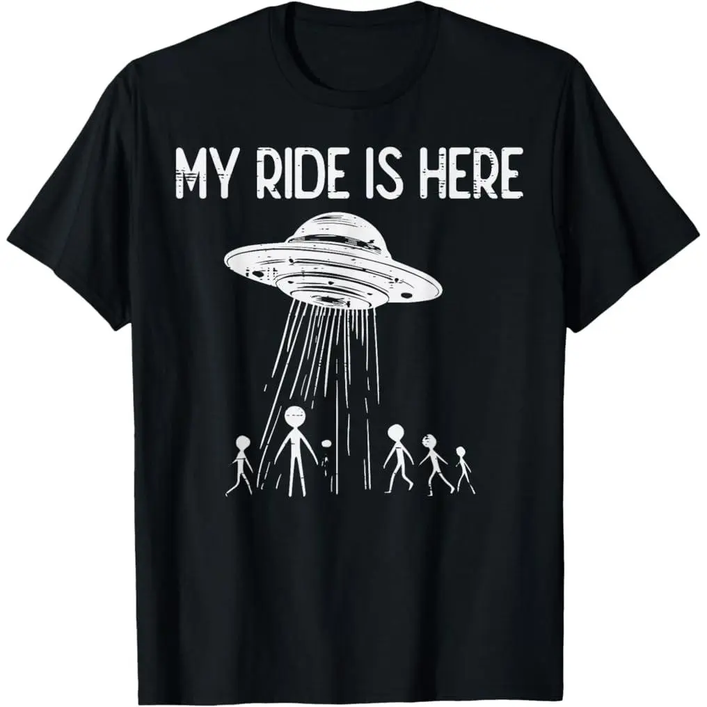 Premium Cotton Alien UFO My Ride is Here Funny Flying Saucer Kids Men Women T-Shirt