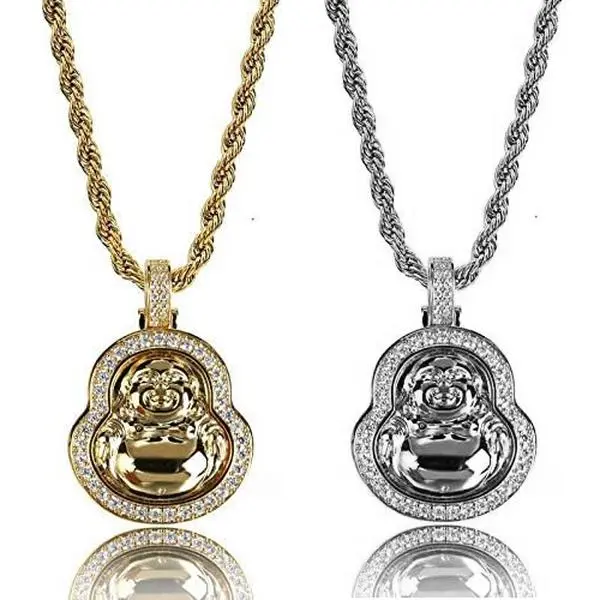 MaxBling81 Unisex Iced Gold-Silver Plated Lab Diamond Lucky Buddha Religious Pendant Necklace, 4mm 24in Rope Chain Accent Necklaces, Women's Casual Daily Wear Costume Jewelry Gift, 30Mm X 30Mm