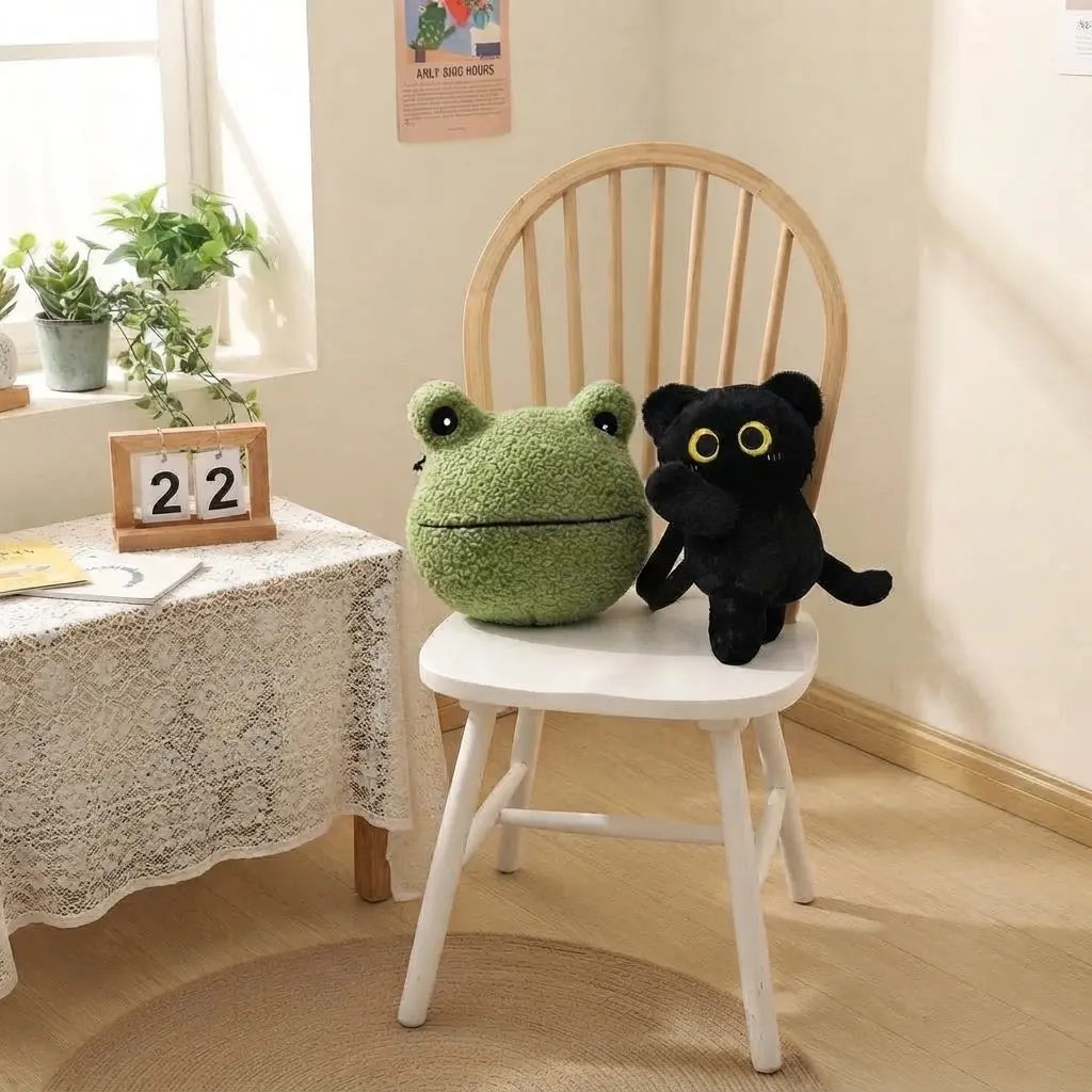 Women's Soft Fluffy Plush Animal Crossbody Bag - Frog or Black Cat Designs - Cute Shoulder Bag for Girls