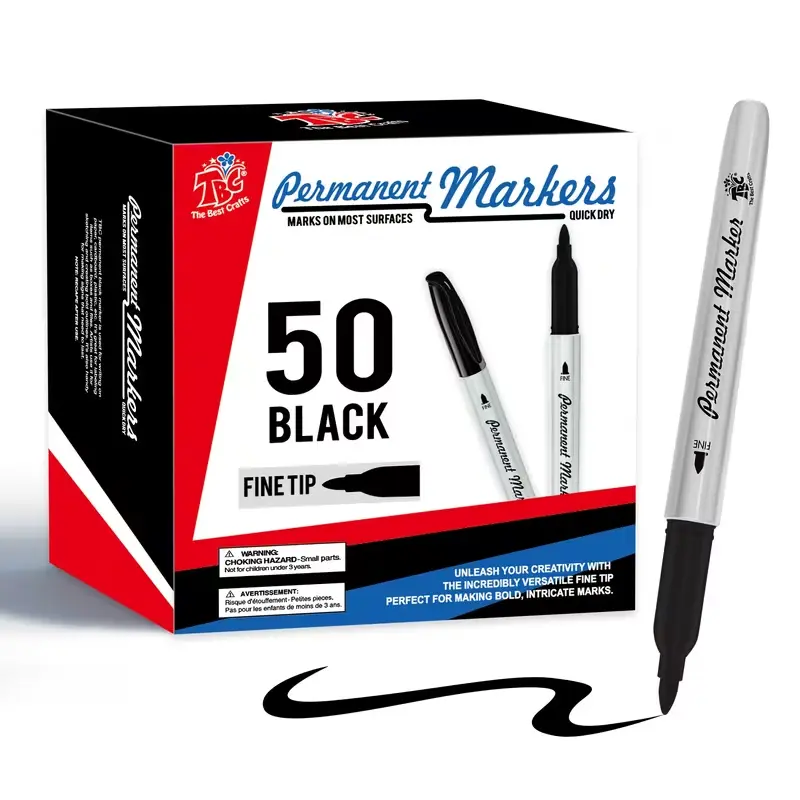 TBC The Best Crafts Permanent Markers Set - 50 Black Ink-Based Art Pen Markers with Highly Flexible Fine Tip, Quick-Dry, Durable & Fade-Resistant Office Stationery for Paper, Metal, Ideal for Artist Drawing, Detailed Marking