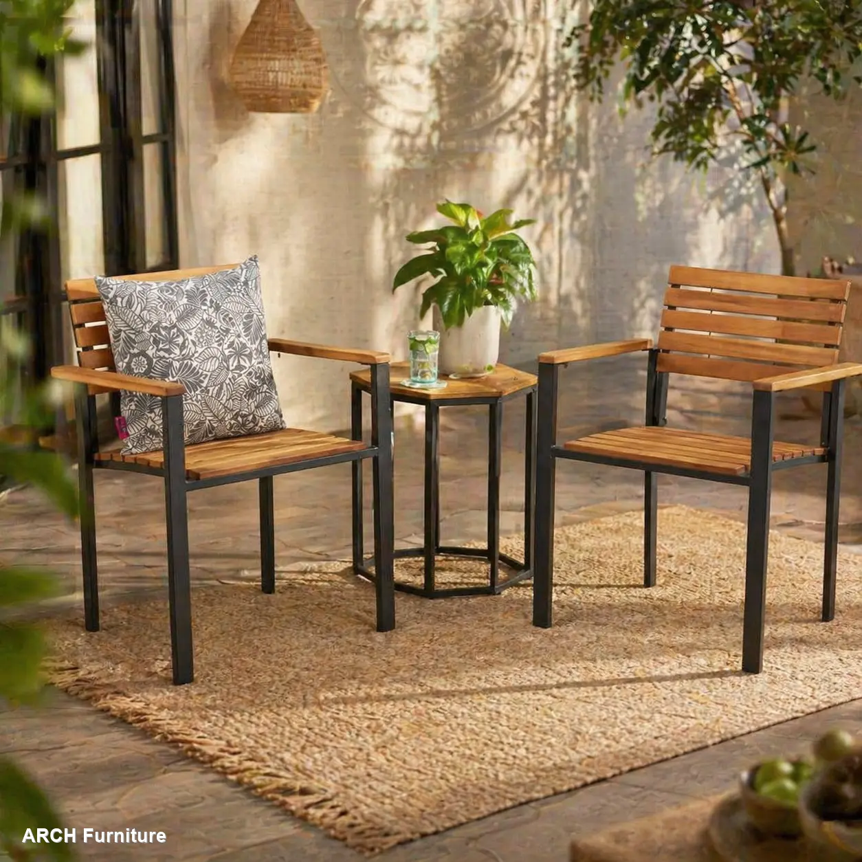 Commercial Restaurant Dining Chairs - Modern Arch Laris Wood-Metal Design, Acacia Wood Slatted Panels, Industrial Simple Style, High Stability Patio Backyard Furniture, Clean Lines, 23.50x20.75x32.00in