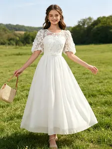 Elegant Embroidered Chiffon A-Line Dress for Teens, Sleeveless Long Dress for Bridesmaid Wedding Party Birthday Gift