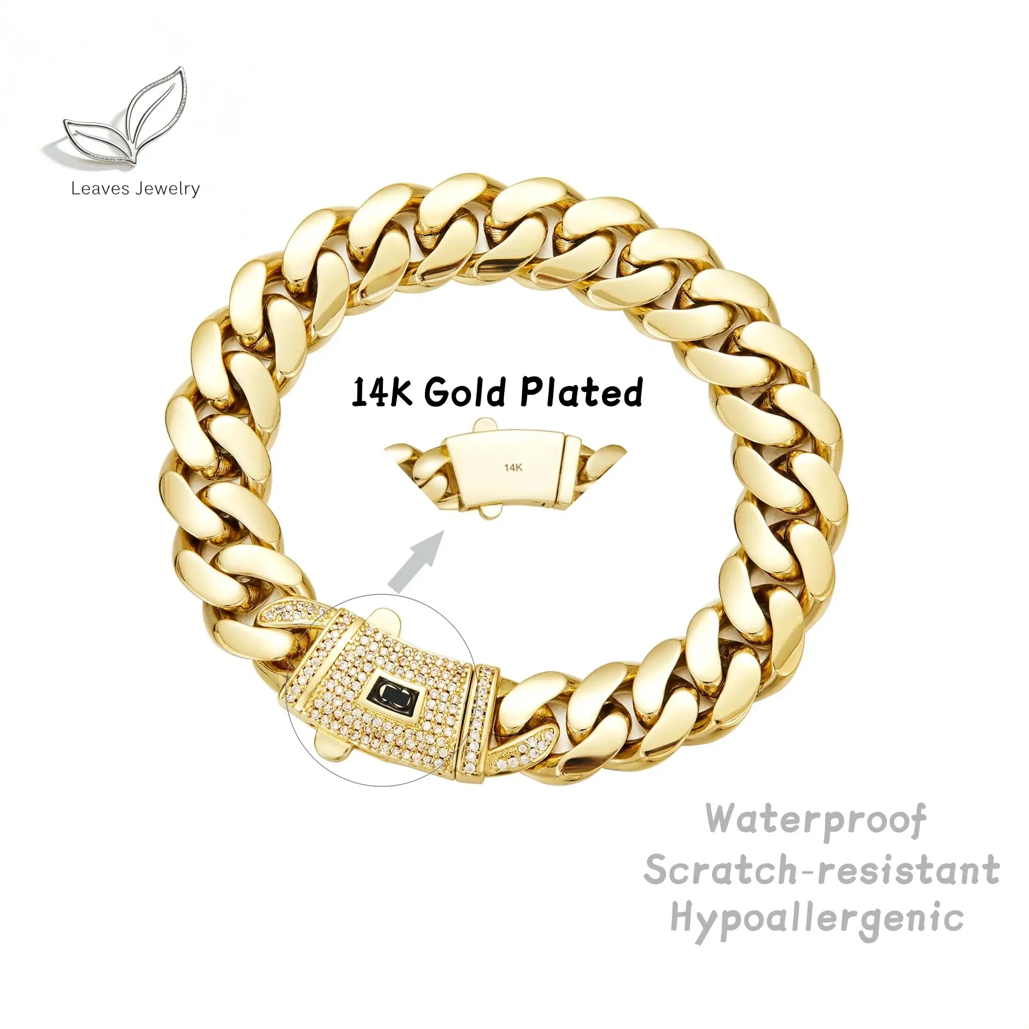 14K Real Gold-Plated Miami Link Cuban Bracelet with Chain and Diamond Clasp Anti-Friction Colorfast Waterproof Stainless Steel Thickened Design Chain Width: 6/8/10/12/14mm Perfect for both casual and formal wear a versatile gift for men and women