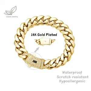 14K Real Gold-Plated Miami Link Cuban Bracelet with Chain and Diamond Clasp Anti-Friction Colorfast Waterproof Stainless Steel Thickened Design Chain Width: 6/8/10/12/14mm Perfect for both casual and formal wear a versatile gift for men and women