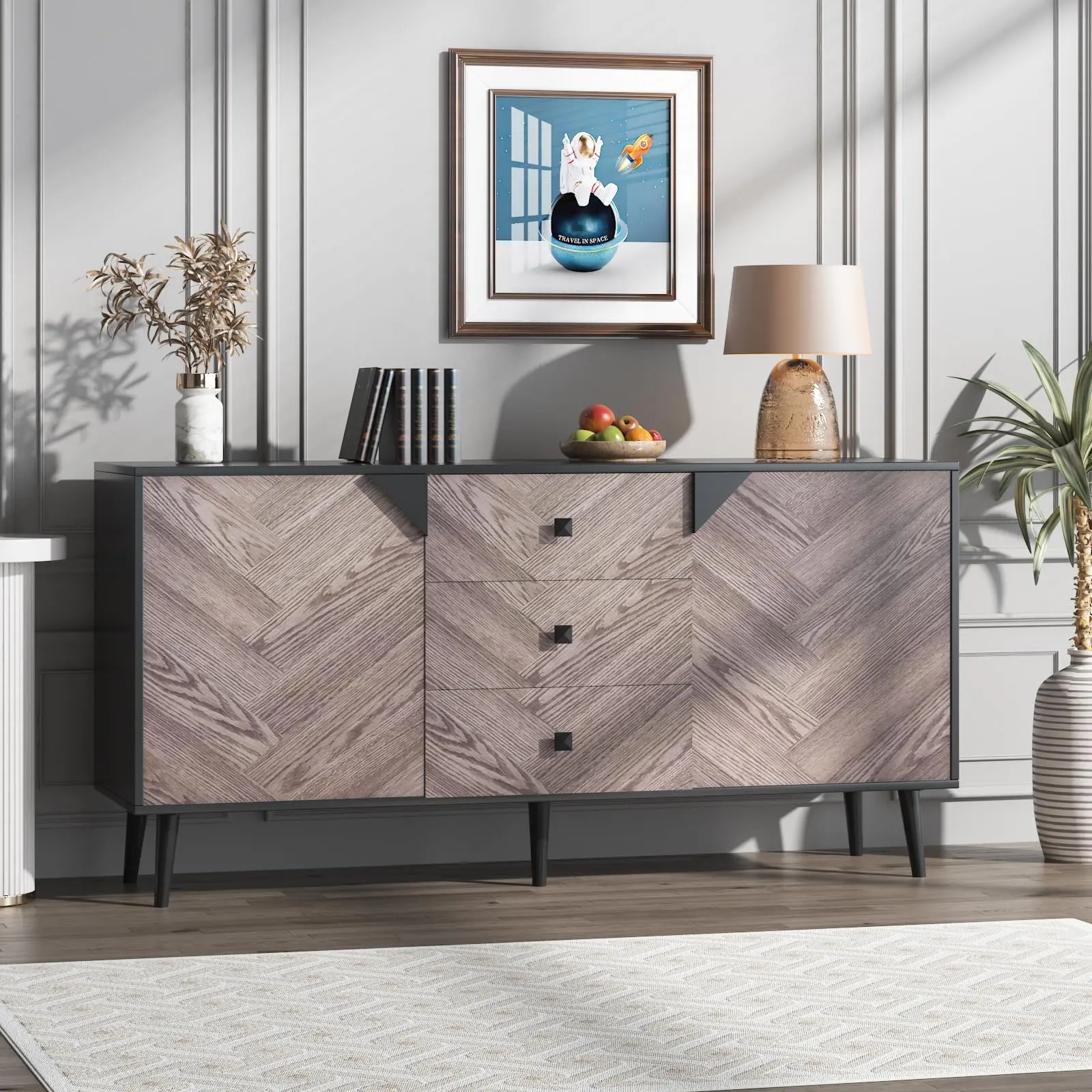 55 in Sideboard Buffet Cabinet with Storage Entryway Cabinet with 3 Drawers and 2 Doors Wood Coffee Bar Cabinet with Adjustable Shelf 3 Heights for Dining Room Entryway Kitchen Gray wood Black