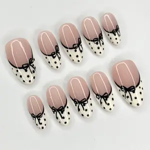 [LIMITED LAUNCH DEAL] Polka Dot Bow Press on Nails, Cute Vintage Fake Nails, Handmade French Nail Set, Black White Retro Nails, Girly Aesthetic Press One