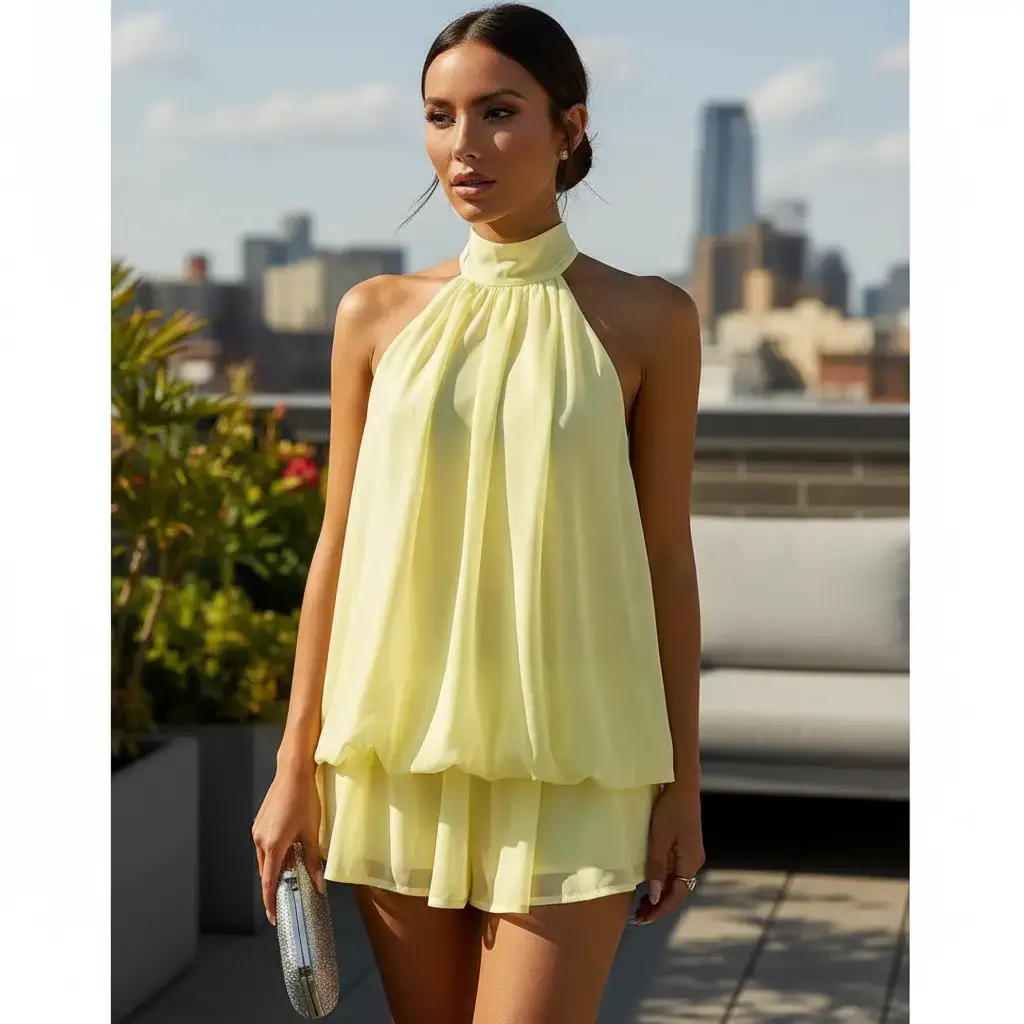 Women's Halter Neck Mini Casual Dress - Slim-Fitting, Sleeveless, Tie-Back, Above the Knee Going Out Wear with City Chic, Minimalist Basic Flowy Design for Party & Outdoor Use, Halter Mini Casual Dresses, Fitted, Knot, Woven