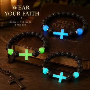 Unisex 3-Piece Halloween Luminous Elastic Band Bracelet Stack, Hip Hop Style, Handmade-Look Natural Volcanic Rock, Exquisite Costume Jewelry Gift for Friends (Blue)