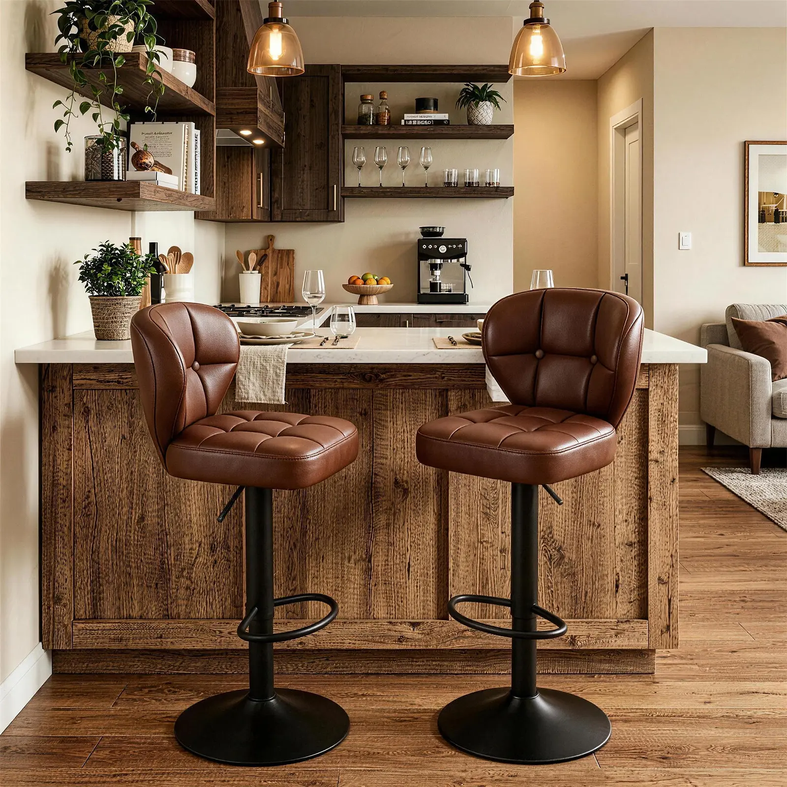 Set of 2  Upholstered Mid-Century Modern  Bar Stools,PU Leather Swivel Bar Chairs with Back, Height Adjustable for Kitchen Island, Counter, Home Bar, Brown/Black