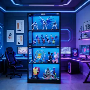 Display Cabinet with Glass Doors 4-Tier, 7 Vibrant Colors 3 Dynamic Lighting Modes, HD Glass Storage Cabinet with Human Body Sensor for Curio, Trophy, Collectibles