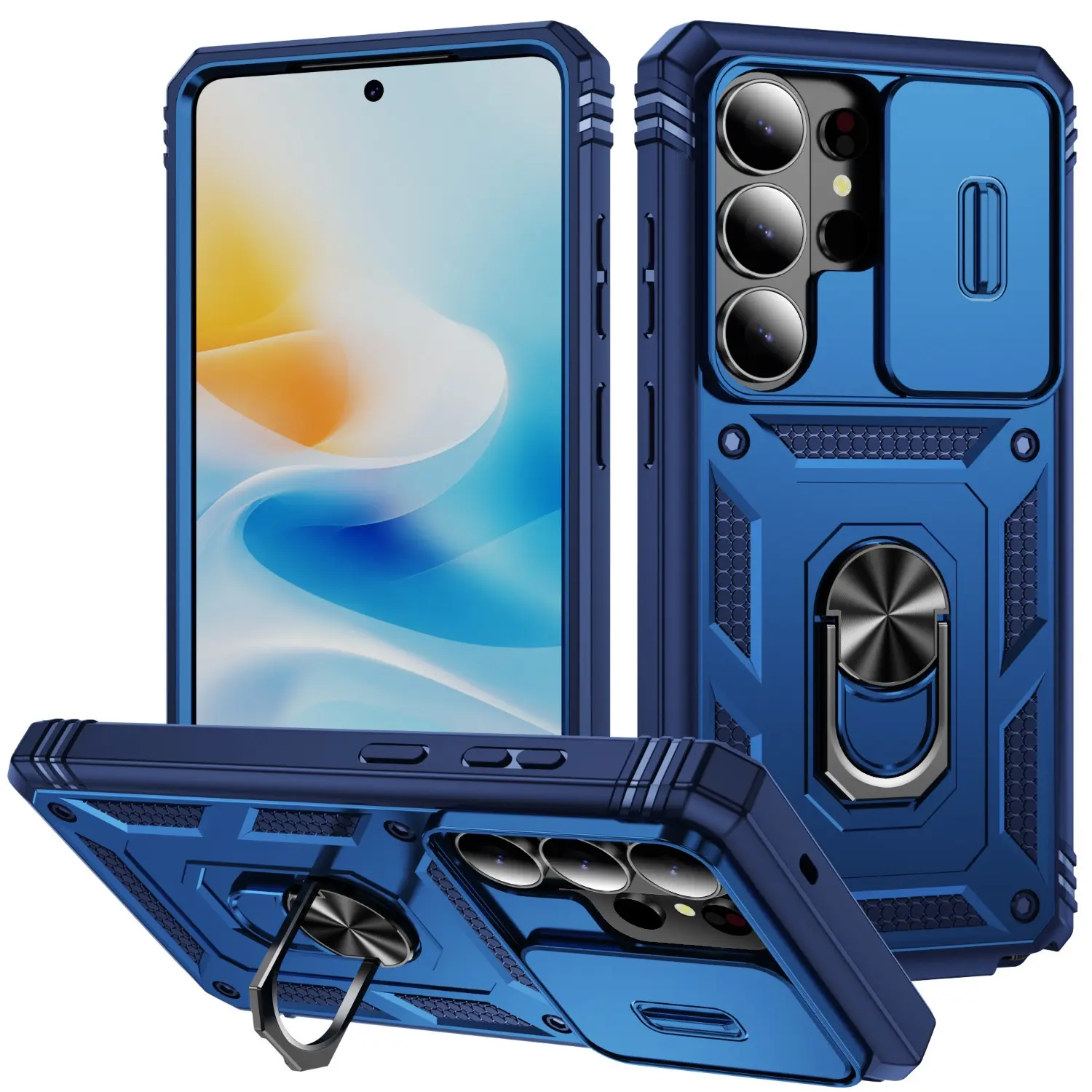 Samsung Galaxy S26 Ultra Smartphone Case - Blue, 360-Degree Metal Rotatable Ring Holder Kickstand, Slide Camera Protector, Military-Grade Rugged Shockproof for Daily Drops Shield Accessory, 360° Shield