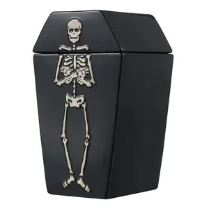 Halloween Earthenware 28-Ounce Coffin Shaped Skeleton Treat Food Storage Jar