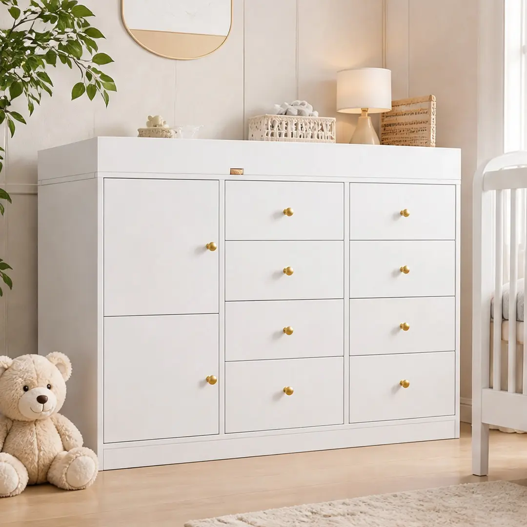 White MDF Baby Nursery Dresser with 8 Drawers and 2 Cabinets, Multi-Functional Changing Table, Diaper Station, Chest of Drawers for Children's Room, 43.3"L x 15.7"W x 38.7"H, Easy Assembly, White Color Options, MDF Material, Color: White