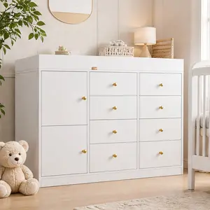 White MDF Baby Nursery Dresser with 8 Drawers and 2 Cabinets, Multi-Functional Changing Table, Diaper Station, Chest of Drawers for Children's Room, 43.3"L x 15.7"W x 38.7"H, Easy Assembly, White Color Options, MDF Material, Color: White