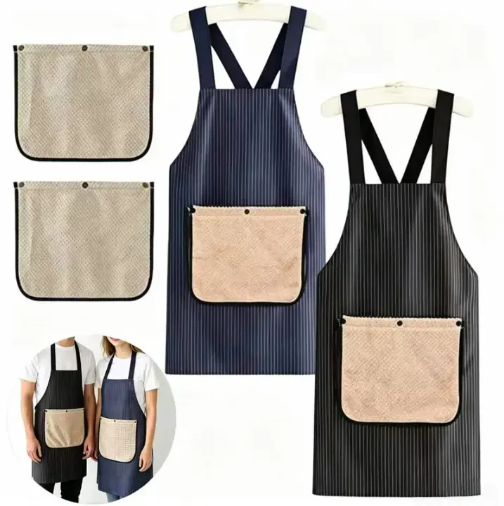 Unisex Waterproof Kitchen Apron with Pockets + Cotton Lightweight Hand Towel - Washable, Durable, Comfortable, Wipe-Friendly - Ideal for BBQ, Bake Home Use