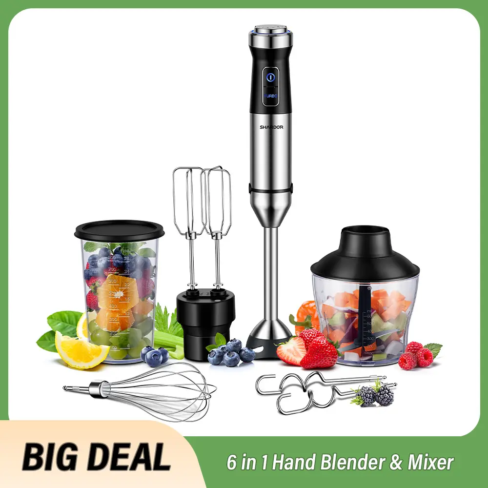 GDOR 6-in-1 High-Power Turbocharged Multi-Mode Titan Blade Immersion Hand Blender, 1000W Scratchproof 20-Speed Hand Mixer with US Plug, Bell Guard, Dough Hooks, Egg Beaters, Whisk, Beaker, Chopper for Smoothies, Soup, 6-In-1 Hand Mixers, High-Power Hand B