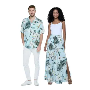 Matchable Couple Hawaiian Luau Shirt or Wide Legged Pants in Wispy Cereus Light Blue