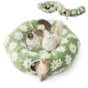 Cat Tunnel Bed – Cozy Donut Cat Cave Tunnel for Indoor Cats, Collapsible Peekaboo Play Tunnel Toy for Kittens, Rabbits & Small Pets, Standard Green