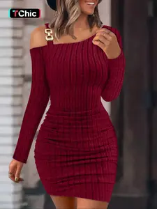 Ribbed Bodycon Dress One Shoulder Mini Dress Off Shoulder Long Sleeve Sexy Knit Slim Fit Stretch Ruched Clubwear Night Out Party Wear Elegant Figure Hugging Trendy Womens Autumn Winter Wine Red Mini Dress