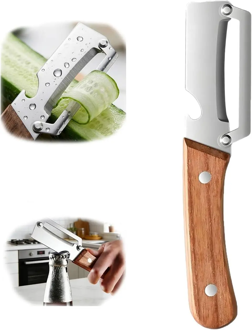 Multi-Functional Stainless Steel ThickenedFruit Peeler Knife for Kitchen, Ultra-SharpBlade with Wooden Handle and Bottle Opener,For Vegetables or Fruits that Need to BePeeled
