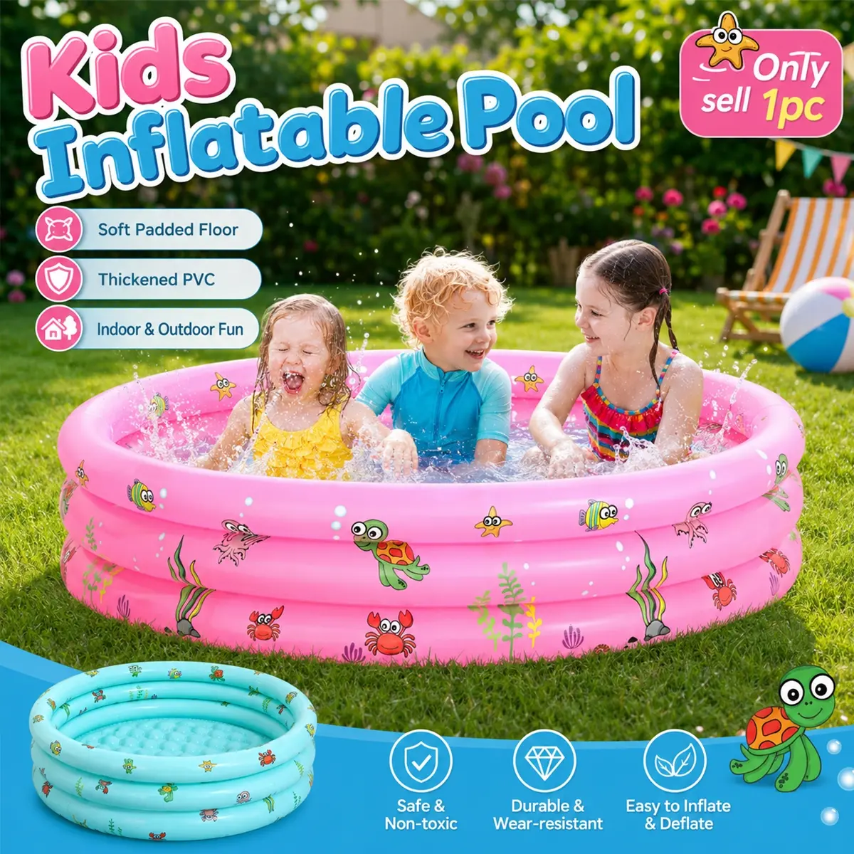 1.3m Round Inflatable Baby Pool Portable PVC Kiddie Paddling Pool, Thickened Foldable Small Blow Up Swimming Pool with Bubble Bottom, 3 Rings Round Swimming Pool for Toddlers, Kids, Family Backyard, Garden, Indoor Outdoor Summer Water Relaxation