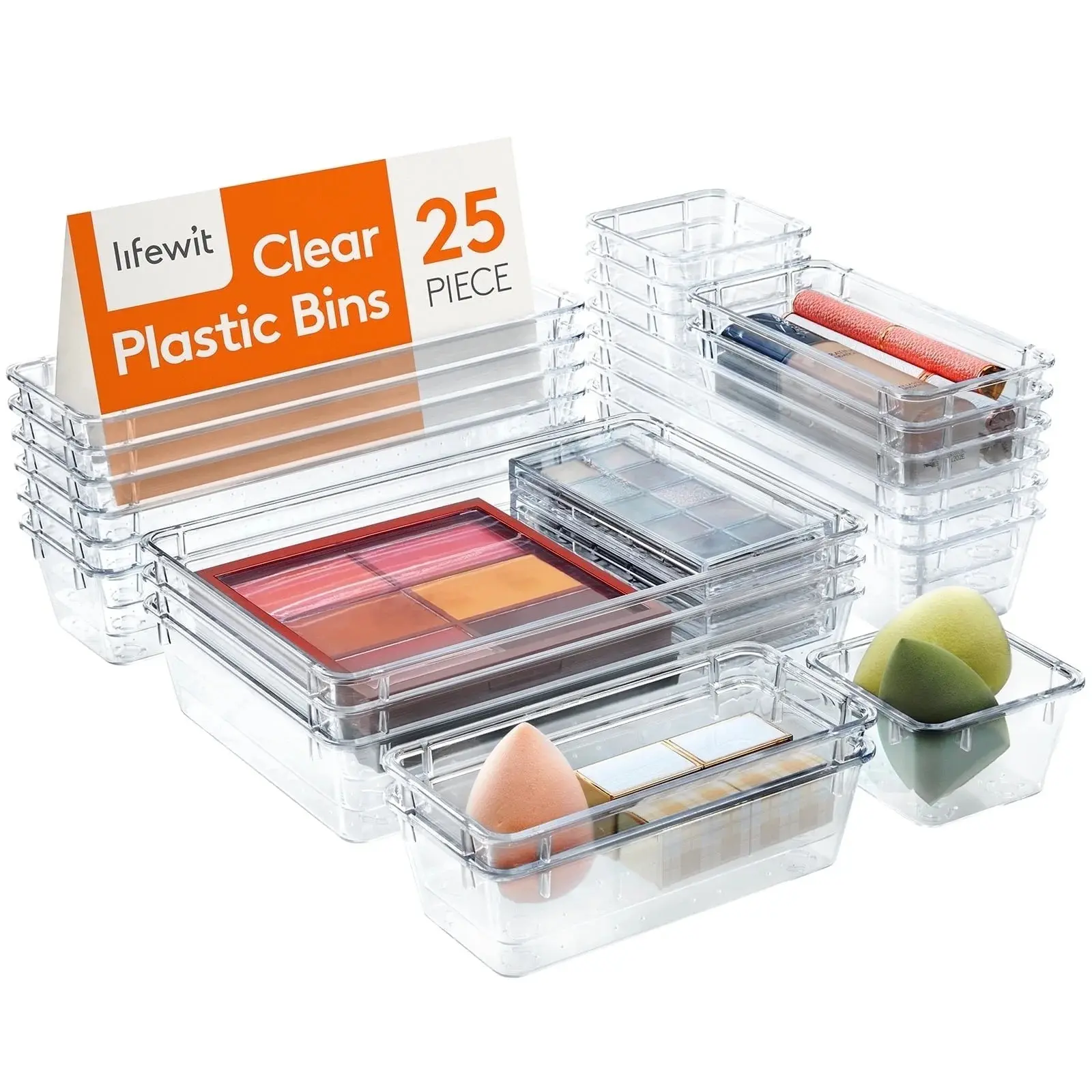 8/25-Piece Clear Drawer Organizer Set, Stackable Plastic Storage Bins in Multiple Sizes for Makeup, Jewelry, Office Supplies, Kitchen Utensils, Bathroom Essentials, Desk, Vanity, Dresser and Home Organization