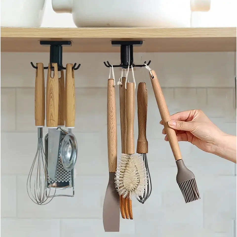 🌞🌞 2pcs Under Cabinet Kitchen Utensil Hooks, 360° Rotating Kitchen Utensil Rack