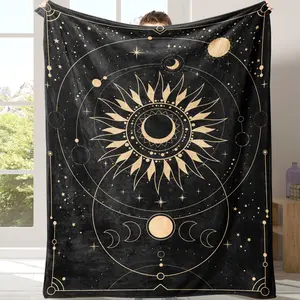 Bedroom Decor Home Blankets, Sun & Moon Pattern Flannel Blanket, Soft Throw Blanket for Sofa, Bed, Air-conditioned Room, Travel, Camping, Office, Room Essentials, Summer Essentials, Bedroom Accessories, Gift Ideas