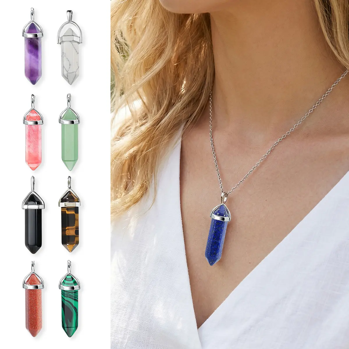 Women's Natural Stone Necklace - Hexagonal Pillar Pendant with Bullet Accents, Glossy Multi-Color Crystal Chakra Jewelry, Stainless Steel Chain, Simple and Atmospheric Embellishment for Casual Wear & Meditation, Unisex for Literary Gatherings
