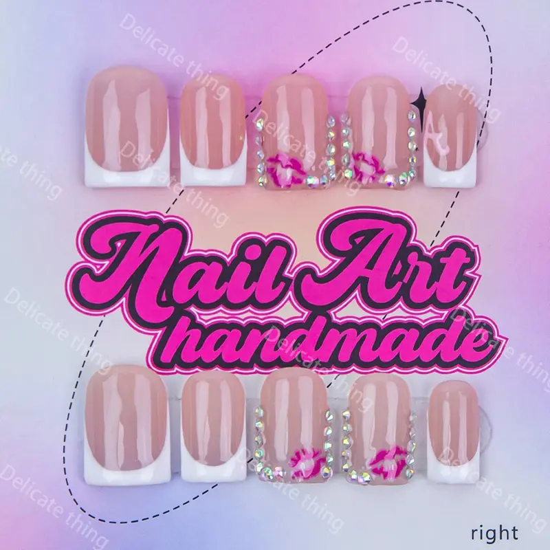 Delicatething Y2K Style Nail Set, Handmade Square Nails with Colorful Rhinestones & Lip Drawings, French Tip Design, Perfect Gift for Women, Nail Art Products